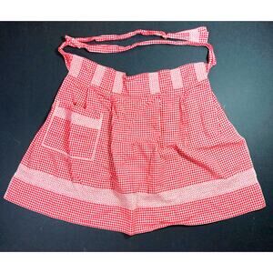Retro Red Gingham Apron with Pocket, Cross Stitch, White Check Back Tie Vintage